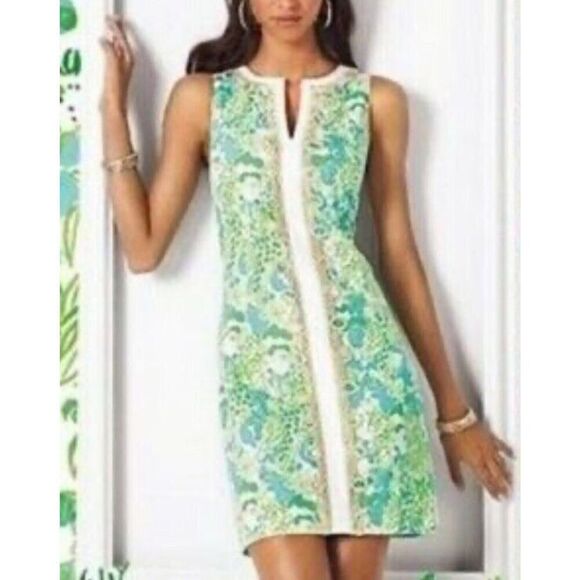 Lilly Pulitzer - Green White Jungle Print "Janice" Shift Dress Embroidery sz 00 - Picture 3 of 15